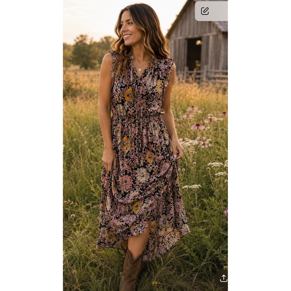 BB Dakota Floral Sleeveless Ruffle Midi Dress Black Pink Yellow  Large